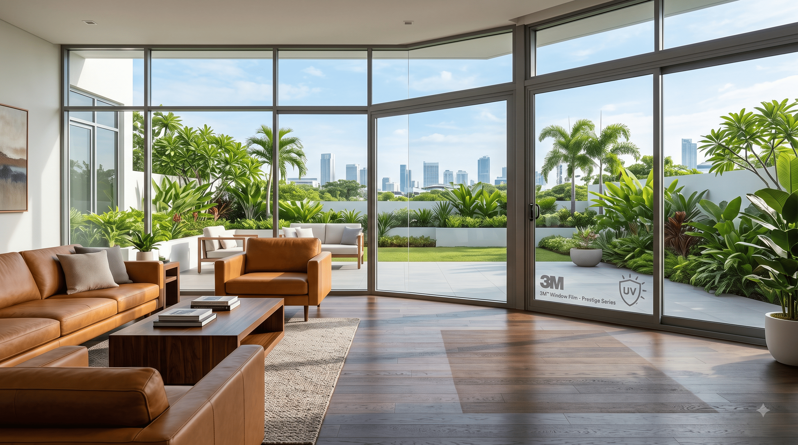 Sala residencial moderna con muebles y pisos protegidos del sol mediante películas 3M para ventanas