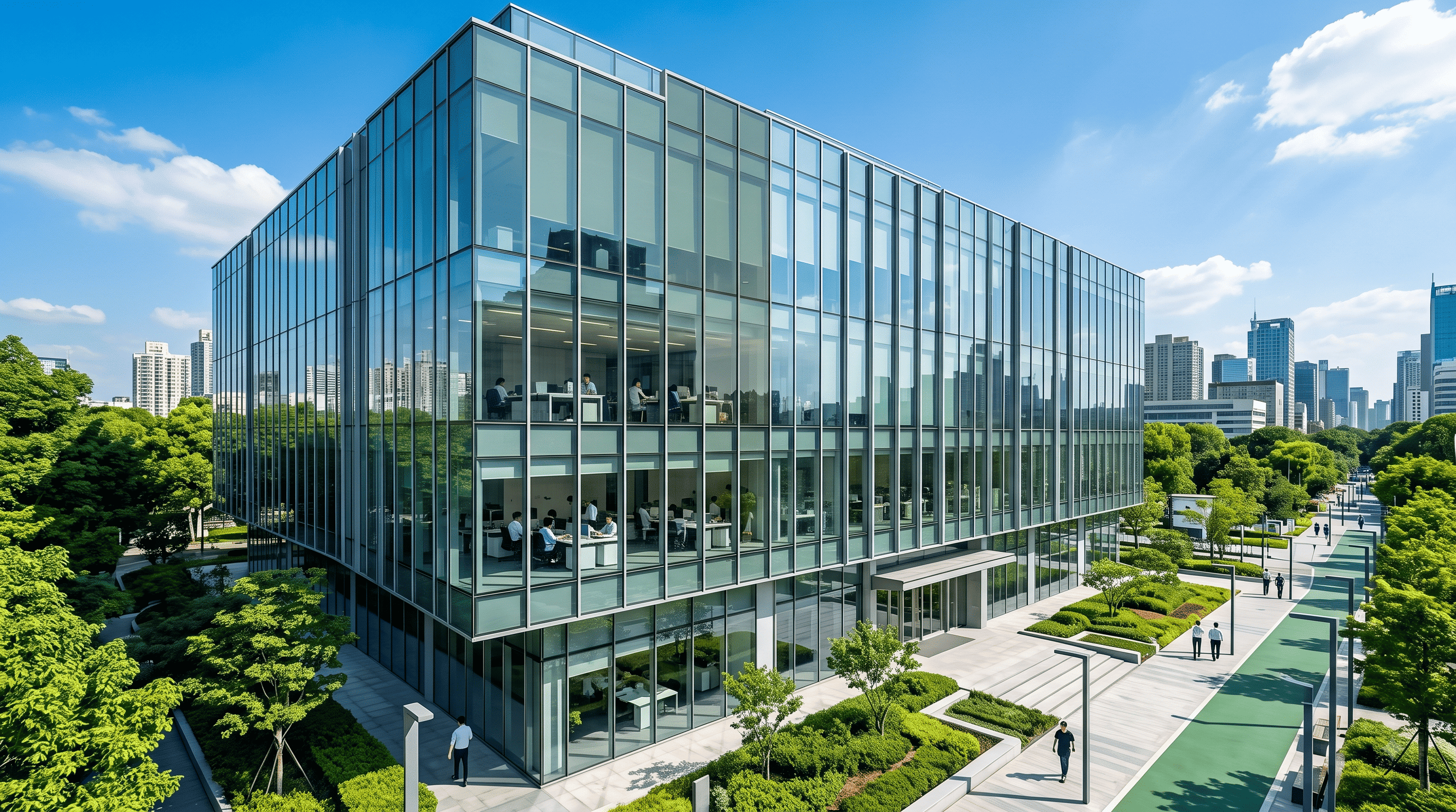 Edificio corporativo moderno con ventanas protegidas para lograr la certificación LEED